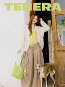 (Creamy Yellow & Olive Green)Color-Block Mini Bucket Bag-TENERA Velvet Collection - TENERA