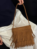 (Brown)Mini Seude Pearl Bucket with Fringe-TENERA Boho Collection - TENERA