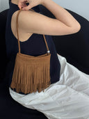 (Brown)Mini Seude Pearl Bucket with Fringe-TENERA Boho Collection - TENERA