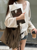 (Moss Green)Large Suede Fringe Beaded Bucket Bag-TENERA Boho Collection