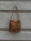 (Brown)Mini Seude Pearl Bucket with Fringe-TENERA Boho Collection