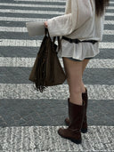 (Moss Green)Large Suede Fringe Beaded Bucket Bag-TENERA Boho Collection