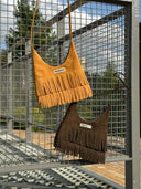 (Caramel Brown)Suede Fringe Baguette Bag-TENERA Boho Collection