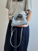 (Ash Blue)Mini Hobo Crossbody Bag-TENERA Handwoven Suede Collection
